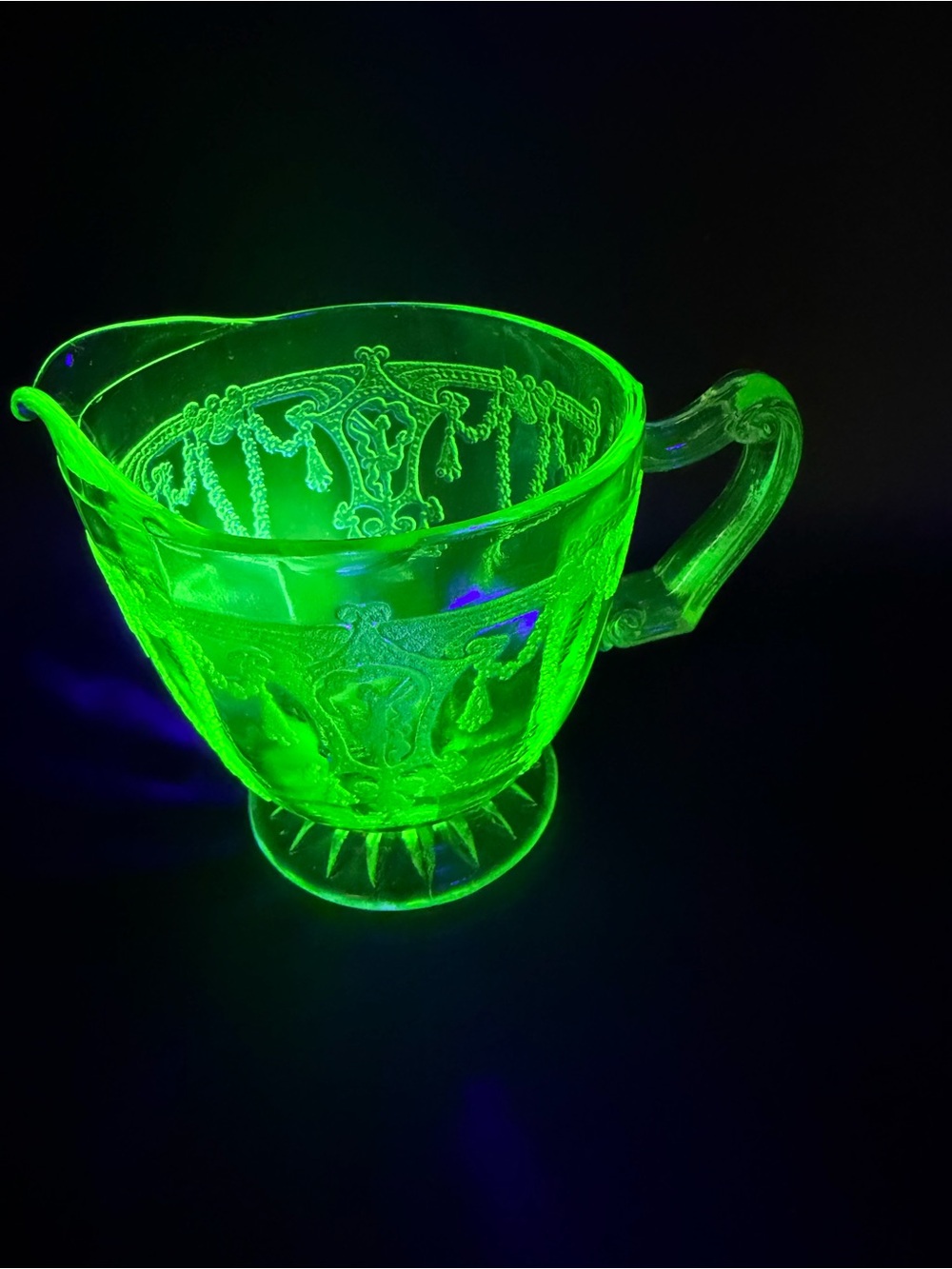Uranium Glass Creamer by Anchor Hocking in the “ Cameo” pattern